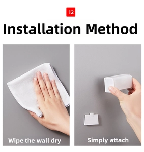 Instructional macro view showing wall-mounted adhesive installation for white storage rack