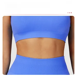 Detail of blue seamless yoga bra with high-elastic ribbed hem for shockproof support