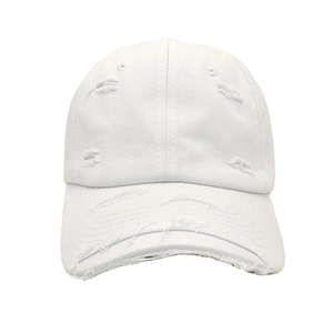 Detailed close-up of white distressed cotton baseball cap with ripped brim accents