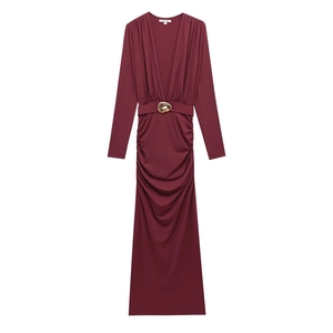Deep V Neck Maxi Dress Long Sleeve Ruched Burgundy Polyester Bodycon Elegant Evening Party With Gold Metal Buckle