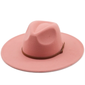 Classic wide-brim pink wool felt fedora hat with brown leather decorative band