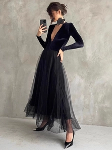 Women Elegant A-Line Mesh Tulle Midi Skirt High Waist Elastic Pleated Multi Layered Flowy Party Bottoms Versatile