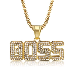 Hip-hop gold-plated stainless steel Cuban chain necklace with iced-out BOSS pendant