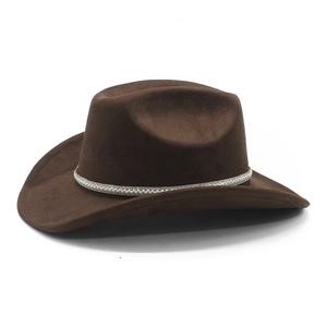 Close-up of deep brown suede cowboy hat featuring an elegant white pearl beaded band decor