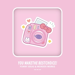 Detail of cute pink camera sticker with rabbit and bow for stationery decoration