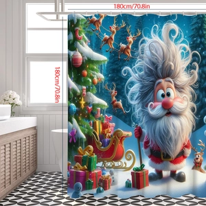 Tenda da doccia natalizia 180x180cm con Babbo Natale, renne e un albero festivo