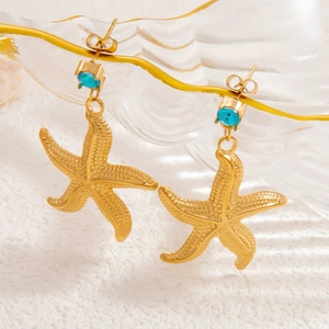 Detailed macro view of 18k gold starfish earrings featuring a blue zircon stone