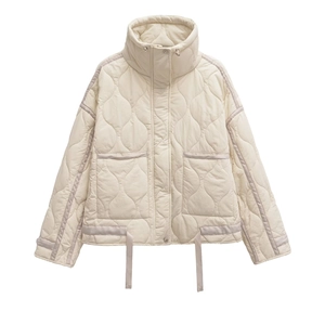Women's cream puffer jacket with water wave quilting and high stand-up collar