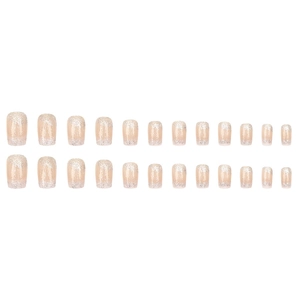 Glittering nude pink press-on nails with silver gradient in short squoval shape