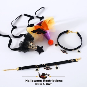 Detailed set of Halloween velvet pet collars with wizard hats, bat and star charms