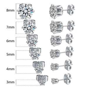 Round Zircon Stud Earrings 316 Stainless Steel Prong Set Minimalist Jewelry Unisex Elegant Shinny