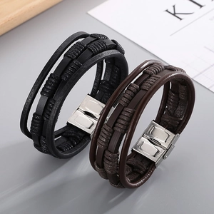 Multi-Layer Braided Leather Bracelet Men Stainless Steel Magnetic Clasp Punk Trendy Hand Jewelry Gift For Him