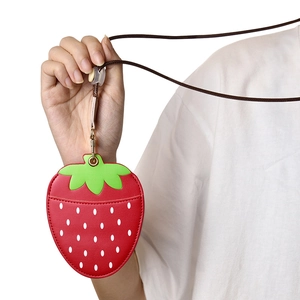 Creative strawberry-shaped PU leather ID card holder with brown lanyard and gold clip