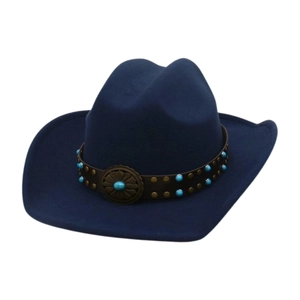 Classic navy blue western cowboy hat featuring a brown leather band and turquoise studs