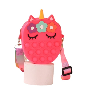 Pink unicorn silicone pop-it shoulder bag for kids with adjustable rainbow strap