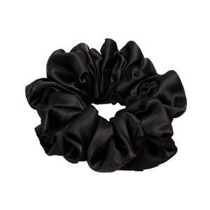 Glossy black satin scrunchie with elastic pleated design on white background