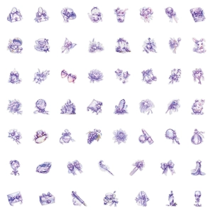Detailed grid showing 56 pieces of dreamy purple watercolor PET decorative stickers