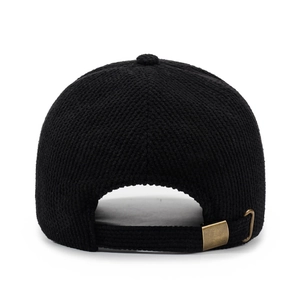 Classic black embroidered baseball cap with adjustable metal buckle on back detail view