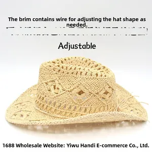 Dettaglio cappello cowboy in paglia intrecciata con tesa in filo regolabile per lo styling