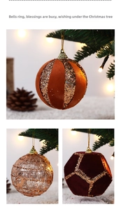 Close-up of brown velvet and gold glitter Christmas tree hanging ornaments set