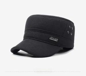 Side view of black cadet cap featuring metallic eyelets and JEANS menswear emblem
