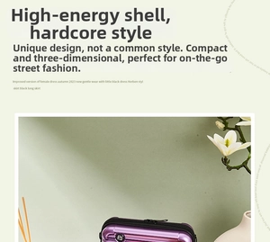 Close-up of purple hard shell mini crossbody bag with glossy finish and dual zippers