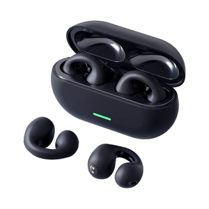 T7500 bone conduction clip-on wireless headphones in black with green LED charging case
