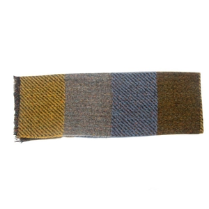 Close-up of color-block plaid scarf showing wool blend texture and fringe details