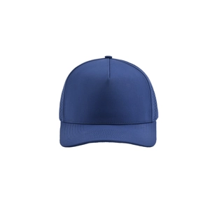 Front view of dark blue quick-dry baseball cap with stitched brim and breathable eyelets