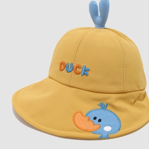 Foldable yellow cartoon duck sun hat for kids with blue sprout and DUCK embroidery