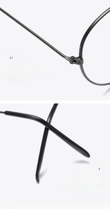 Detail of durable metal hinges and ergonomic curved temples for comfortable eyewear