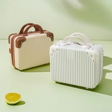 Close-up of 14-inch striped cosmetic cases in beige and white with protective corners