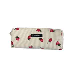 Floral corduroy pencil case with strawberry pattern and large storage capacity