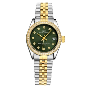 Classic luxury quartz watch for women with green diamond dial and bicolor steel band