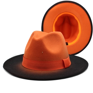Orange and black gradient wool fedora hat with wide brim and adjustable interior strap