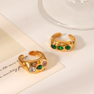 Irregular hammered gold stainless steel open rings with colorful cubic zirconia stones