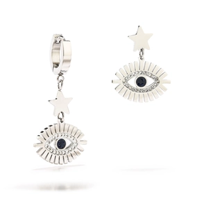 Detail view of silver star and evil eye earrings with dark gemstones and small diamonds