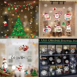Christmas Static Window Cling Stickers Set Santa Claus Snowman Snowflake Reindeer Pattern For Holiday Party Home Shop Decoration