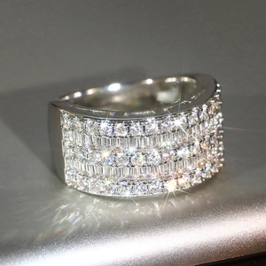 Macro shot of silver-tone ring with multi-layered round and baguette-cut zircons