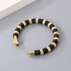 Men's braided leather bracelet with gold stainless steel and black silicone accents