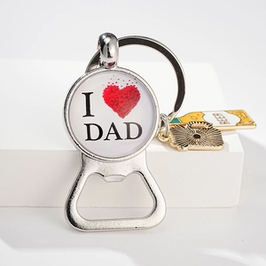 Detail view of I Love Dad metal keychain bottle opener with miniature beer charms