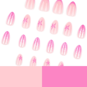 French rose pink star press-on nails in short almond shape with glitter gradient