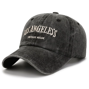Vintage washed dark grey cotton baseball cap with Los Angeles embroidery for men and women