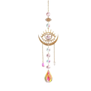 Golden moon and evil eye suncatcher with crystal prisms for rainbow window decoration