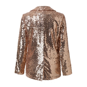 Detail view of the rose gold sequin blazer back with high-density shimmering metallic finish