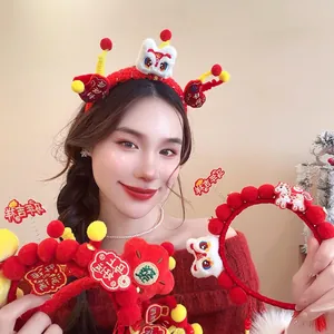 Red Plush Chinese New Year Headband Lion Dance Pony Decor Tassel Pom Pom Spring Festival Hairband Women