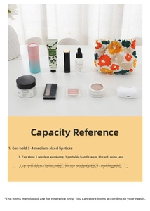 Mini floral storage bag showing compact size compared with lipstick and cosmetics