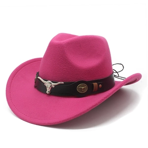 Pink felt cowboy hat with black leather band and silver bull head metal decoration
