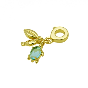 Golden pendant featuring leaf, fish, and turtle charms with green gemstone inlay