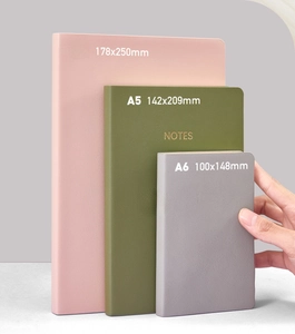 Size comparison of B5, A5 and A6 notebooks in pink, olive green and grey colors